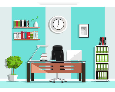 Cool graphic office room interior design with furniture: chair, table,  bookcase, shelves, lamp. Flat style vector illustration