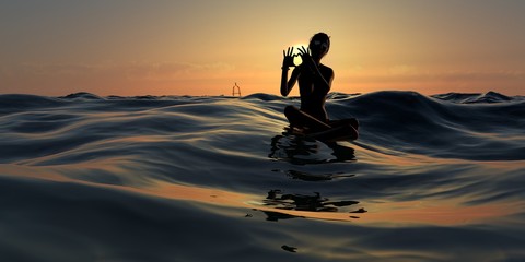 Obraz na płótnie Canvas Surfer Girl Making Hand Signals At Sunrise