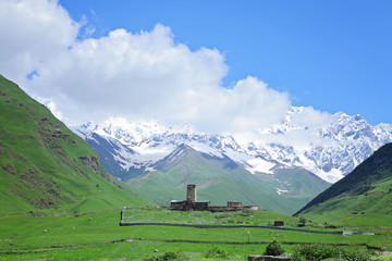 Summer landscape with Caucasus Shkhara mountain seen from Ushguli village in the upper Svaneti region, Georgia