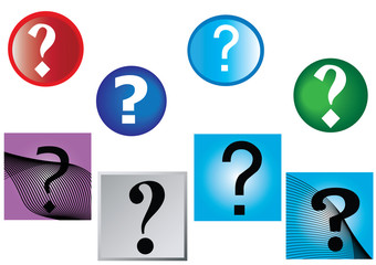 question marks and multi colored round and square backgrounds