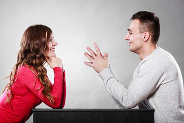 Happy couple talking on date. Conversation.