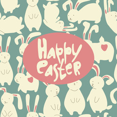 Colorful Happy Easter greeting card with rabbits.