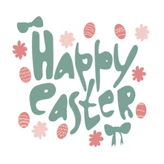 Foto op Plexiglas Colorful Happy Easter greeting card with rabbits. © kseniya_ganz