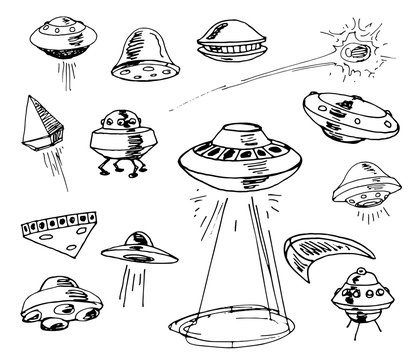 Set of UFOs. Drawing sketch. Vector illustration. 