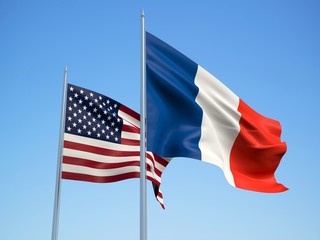 France and American flags waving in the wind with a blue sky background. 3d illustration