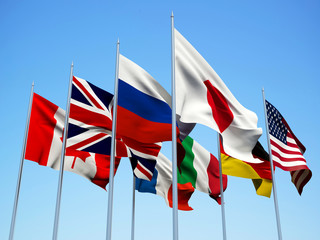 THE G8 COUNTRIES, flags waving in the wind with a blue sky background. 3d illustration