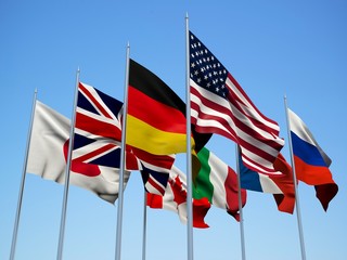 THE G8 COUNTRIES, flags waving in the wind with a blue sky background. 3d illustration