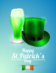St. Patrick's Day Greeting Card with a glass of beer and leprechaun hat on a blue background