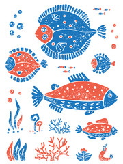 Set of fishes in naive lino style