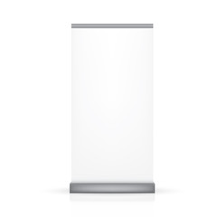 VECTOR ADS: White gray single thin blank roll up banner on isolated white background. Mock-up template ready for design.