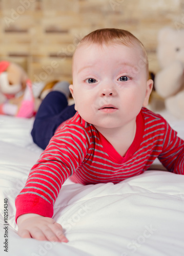 Closeup Portrait View Of One Funny Smiling Cute Little Baby Boy