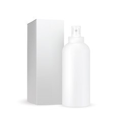 VECTOR PACKAGING: White gray round bottle sprayer with transparent cap, box included for cosmetic/perfume on isolated white background. Mock-up template ready for design