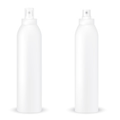 VECTOR PACKAGING: Set of white gray tall and thin round bottle sprayer with and without transparent cap for cosmetic/perfume on isolated white background. Mock-up template ready for design 