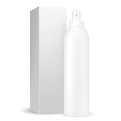 VECTOR PACKAGING: White gray tall and thin round bottle sprayer with transparent cap, box included for cosmetic/perfume on isolated white background. Mock-up template ready for design