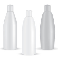 VECTOR PACKAGING: White gray tall round bottle with cap press on the top for cosmetic or cologne on isolated white background. Mock-up template ready for design.