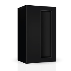 VECTOR PACKAGING: Black large packaging box with front thin window on isolated white background. Mock-up template ready for design.