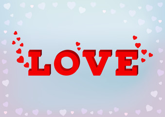 Fototapeta na wymiar Red love inscription in 3d style with heart symbol on blue soft background. Happy Valentine's day, wedding, love, save the date concept. EPS 10 vector illustration.