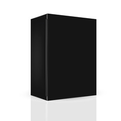 VECTOR PACKAGING: Modern black packaging box with detailed side part on isolated white background. Mock-up template ready for design.