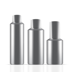 Vector Packaging: Set of gray round bottle container with black for cosmetic/perfume on isolated white background. Mock-up template ready for design .