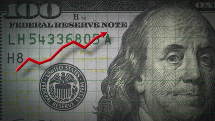 3D 4K animation of an arrow showing a loss of profit or stock market investment, against a money backdrop of a $100 bill.