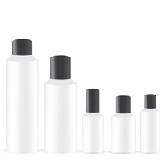 Vector Packaging: Set of white round bottle container with black lid or cosmetic/perfume on isolated white background. Mock-up template ready for design .