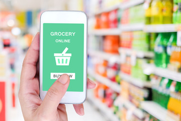 Hand holding smart phone with grocery shopping online on screen