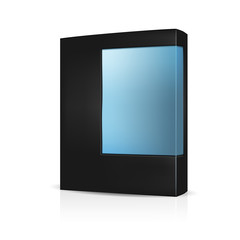 VECTOR PACKAGING: Black software packaging box with front blue window on isolated white background. Mock-up template ready for design.