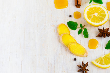 Ingredients for ginger drink on a white background