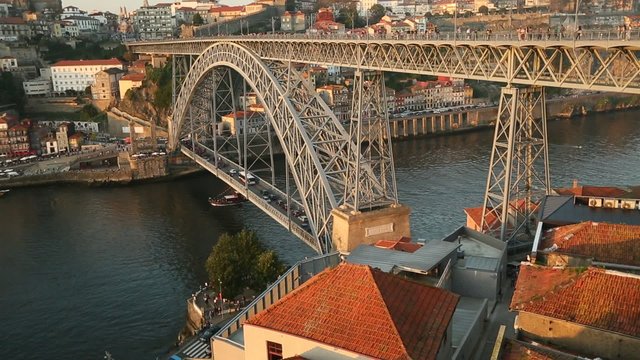 Top view of Dom Luis I Bridge at Ribeira in Porto, Portugal.
