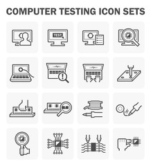 Computer testing vector icon. Include pc, laptop, technician, equipment tool, hardware and component. To maintenance service consist of upgrade, virus and error scan, check, fix or damage repair.