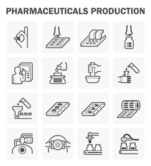 Pharmaceutical and supplement manufacture industry vector icon. Include capsule pill tablet drug or medicine, filling bottle package, operator, computer,  robot, automated machine and production line.