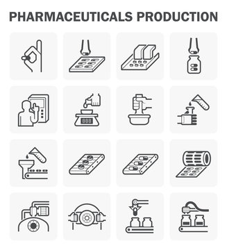 Pharmaceutical And Supplement Manufacture Industry Vector Icon. Include Capsule Pill Tablet Drug Or Medicine, Filling Bottle Package, Operator, Computer,  Robot, Automated Machine And Production Line.