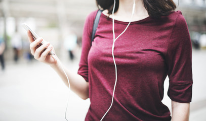 Woman Listening Music Media Entertainment Walking Concept