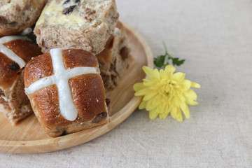 Easter Hot cross buns, selective focus