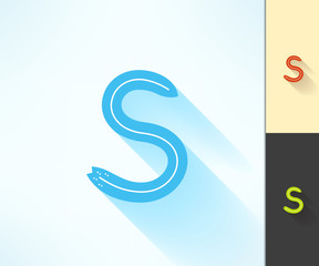 Set of vector letter S surfing label and logo made in modern flat design with long shadow. Surf and sun tshirt print. Smooth curved surfboard