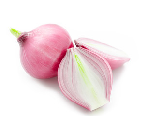 Red sliced onion on white background