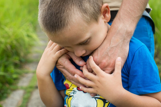 father's hand lead his child son in summer forest nature outdoor