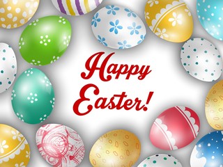 Easter greeting card with color eggs on a white background