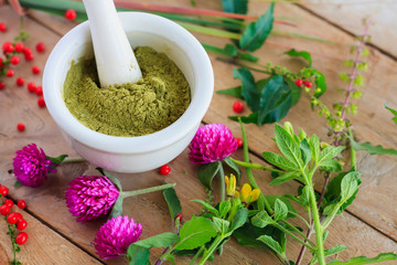 Fresh herbs powder in the mortar, alternative medicine