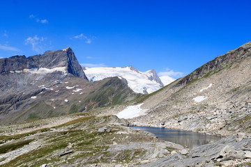 Mountain glacier panorama view with lake, summit Gro&szlig;venediger and Kristallwand in Hohe Tauern Alps, Austria