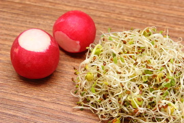 Alfalfa sprouts and radish on wooden table