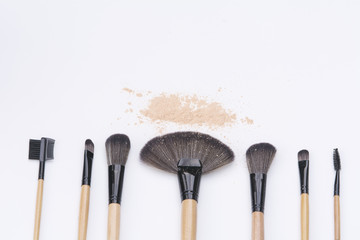 selection focus brushes for professional makeup artist on white background