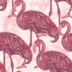 Obraz premium Flamingo decorated with oriental ornaments on grunge background. Vintage colorful seamless pattern. Hand drawn vector illustration