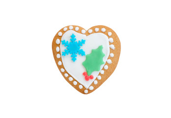 christmas gingerbread heart with red berries and snowflake isolated