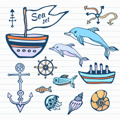 Sea life sketch hand drawn doodle set. Nautical collection with ship, dolphin, shells and other. Vector in color