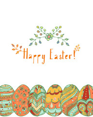 Happy Easter greeting card with Eggs and Lettering. Hand-written text and doodle spring flowers and Eggs decorated with ornaments