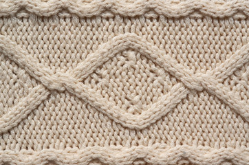 Fototapeta na wymiar Beige white knitted sweater texture background. Space for copy, text, lettering.