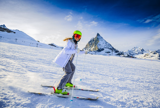 Skier girl with view of Matterhorn  - Zermatt, Switzerland
