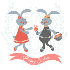 Easter card with cute bunnies couple