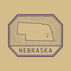 Stamp with the name and map of Nebraska, United States